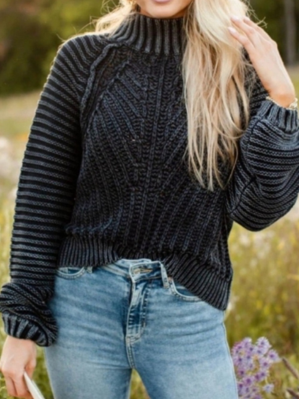 Free People Sweetheart Sweater Mock Neck Ribbed Knit Chunky Faded Black Grey XS